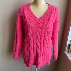 Lucky Brand Snagging Pink Fuzzy Eyelash Cable Knit V Neck Sweater NWT
